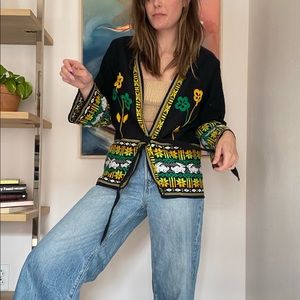 Black and Yellow, Vintage Floral Wrap Cardigan, One Size